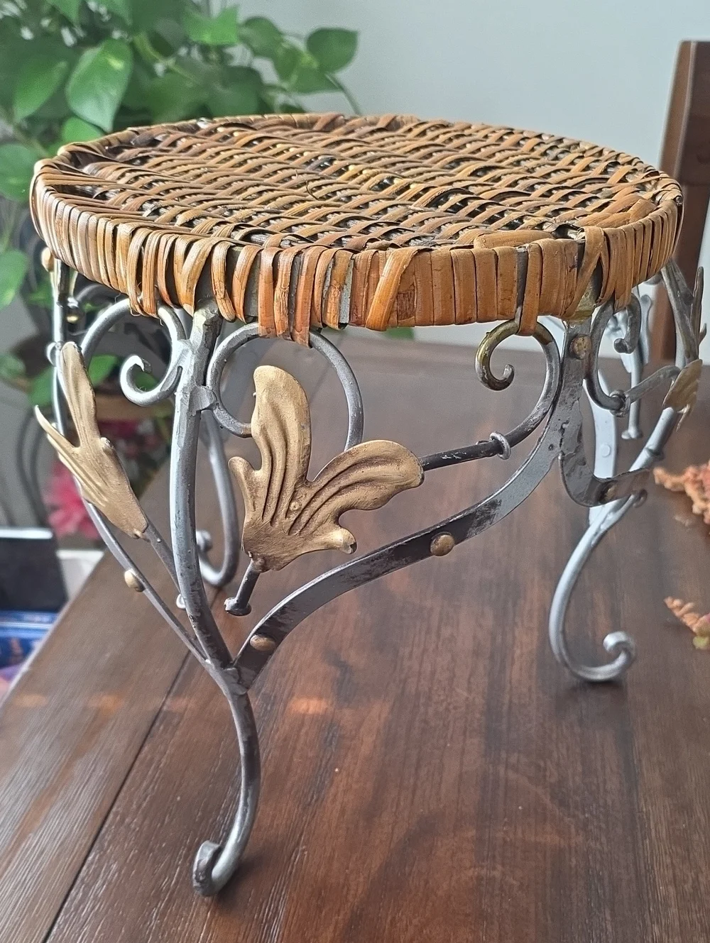 Woven Rattan and Metal Accent Stool - Brown and Silver. Circa 1950s-1980.